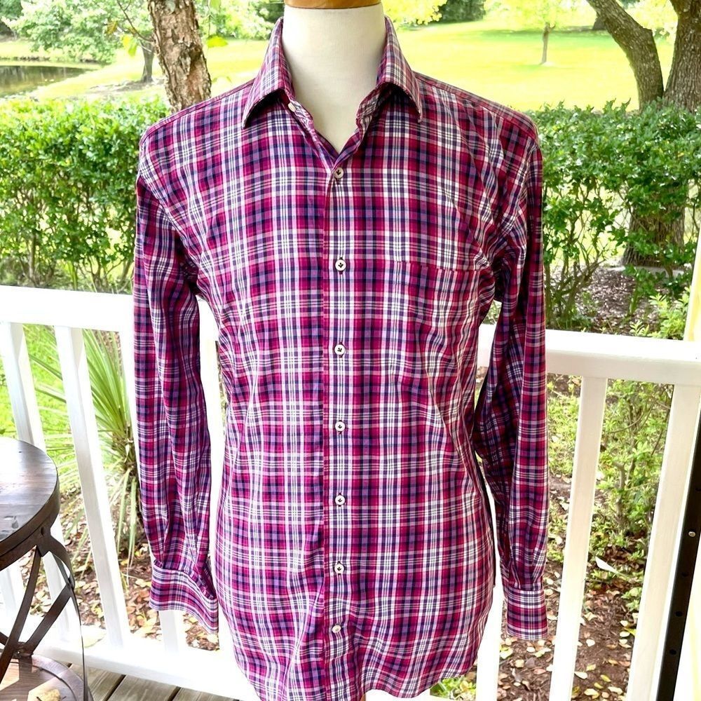 Peter Millar Pink Plaid Long Sleeve Shirt. Large